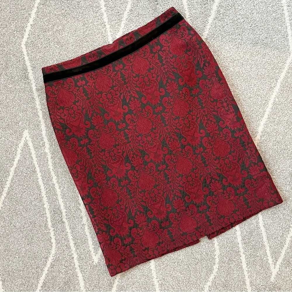 Talbots Red and Black Damask Pencil Skirt w/ Velvet Trim Detail
